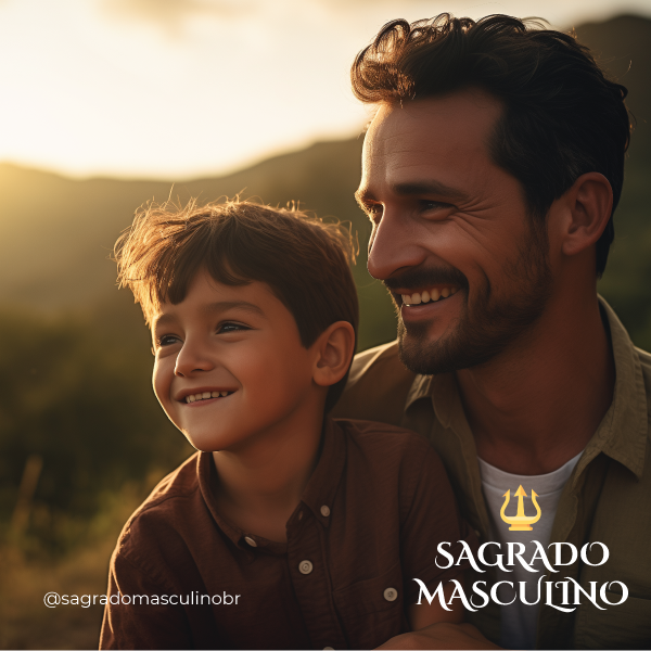Um homem e um menino sorrindo, contemplando o nascer do sol